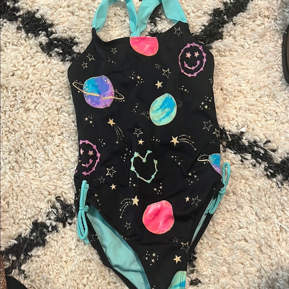 Black Space-Themed Swimsuit with Colorful Planets